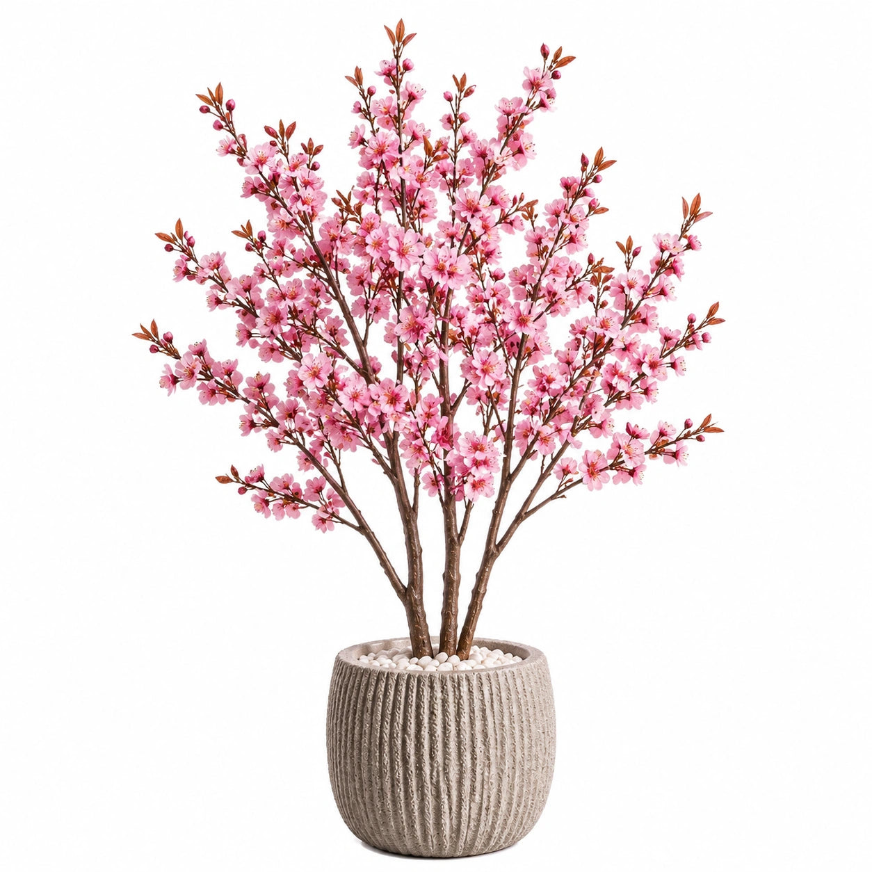 Albero artificiale fiorito 120 cm in plastica rosa con vaso decorativo per interni
