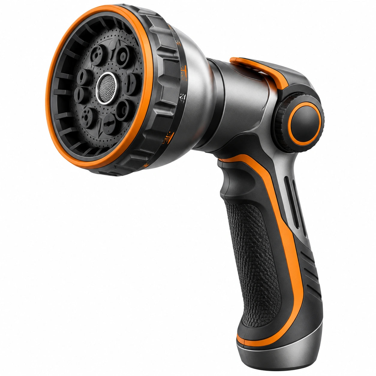 Pistola per irrigazione 20 cm in plastica nera e arancione con 8 modalità di getto impugnatura ergonomica