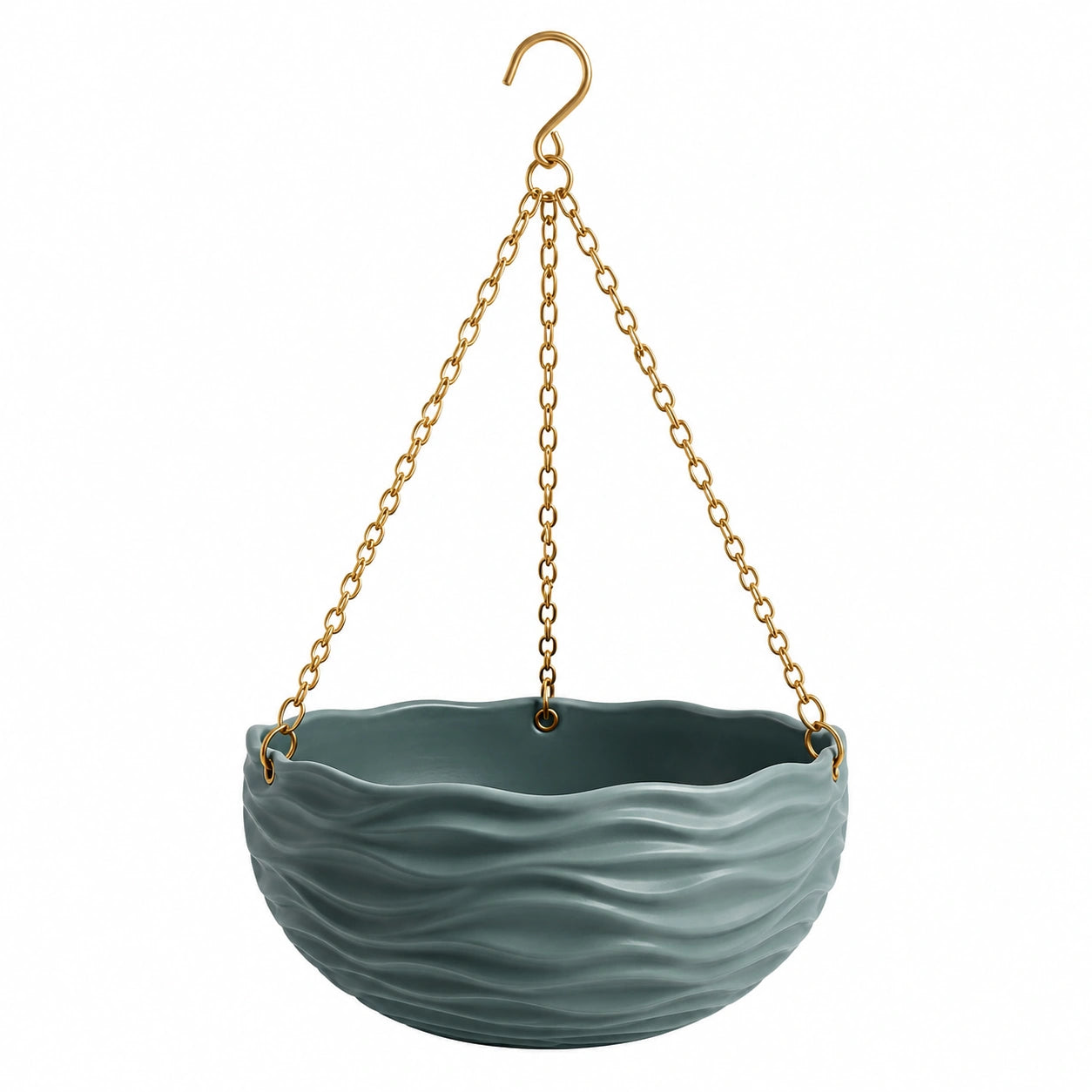 Vaso sospeso 30 x 16 cm in ceramica verde con catene dorate - decorativo ondulato