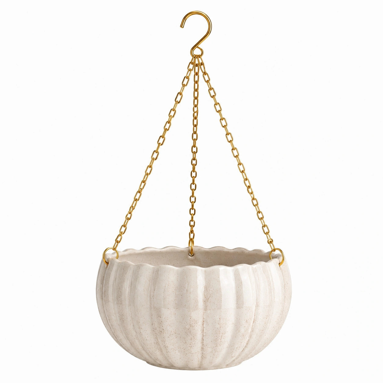 Vaso sospeso 20 x 14 cm in ceramica beige con catene dorate per piante da interno