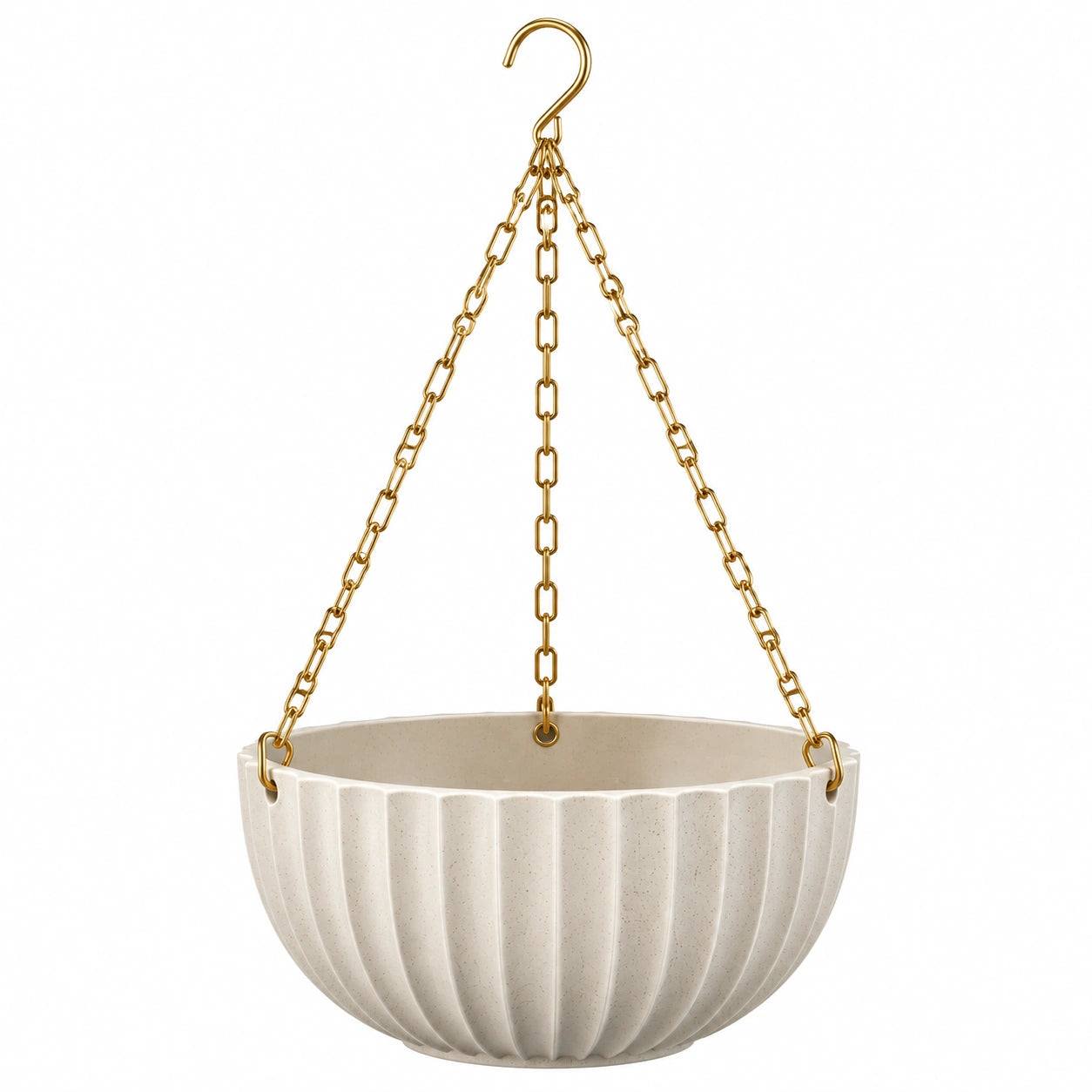 Vaso sospeso Ø30 cm in ceramica beige con catene dorate per piante