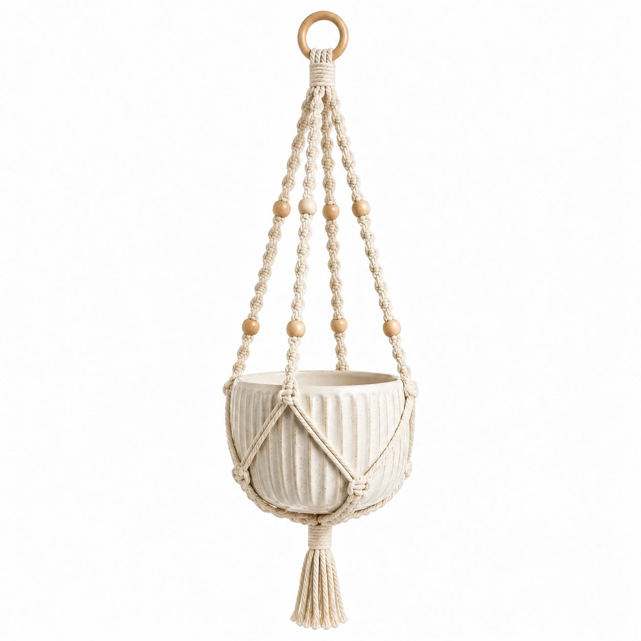 Vaso sospeso 15 x 13 cm in ceramica e cotone beige stile macramè