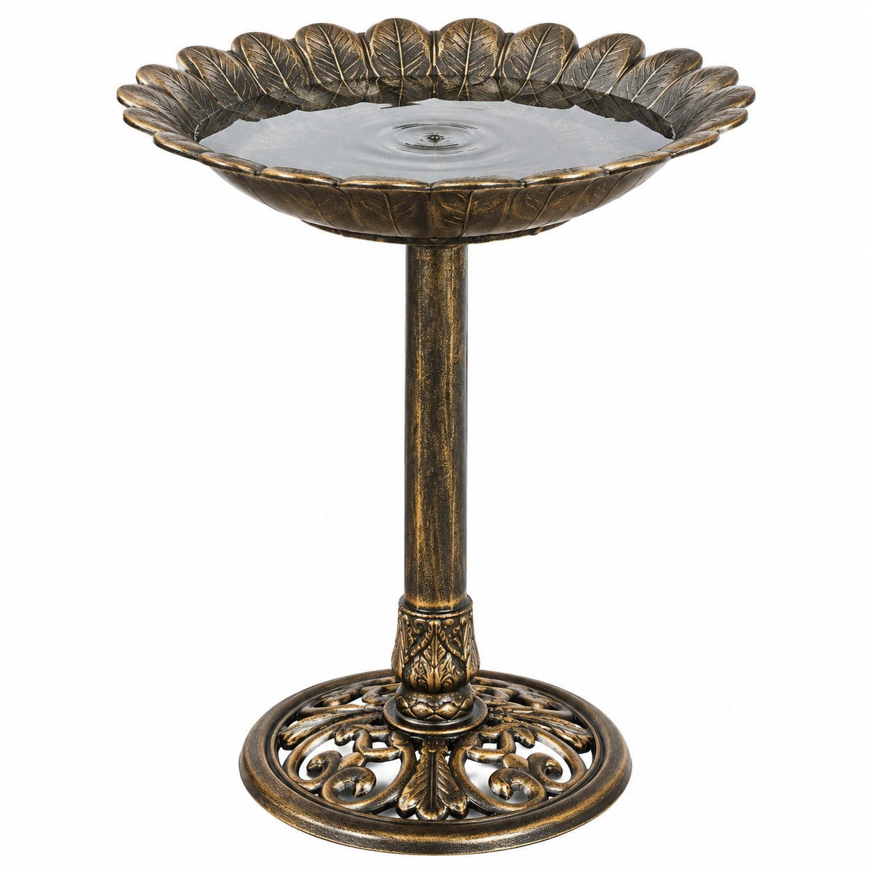 Bagnetto per uccelli Ø 50 cm in metallo bronzo antico a colonna con foglie decorative