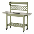 Tavolo da giardinaggio 117 x 46 x 165 cm in metallo verde con lavello estraibile e ruote