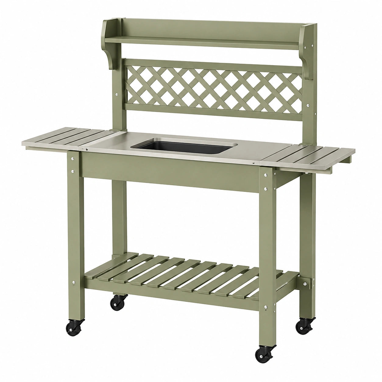 Tavolo da giardinaggio 117 x 46 x 165 cm in metallo verde con lavello estraibile e ruote