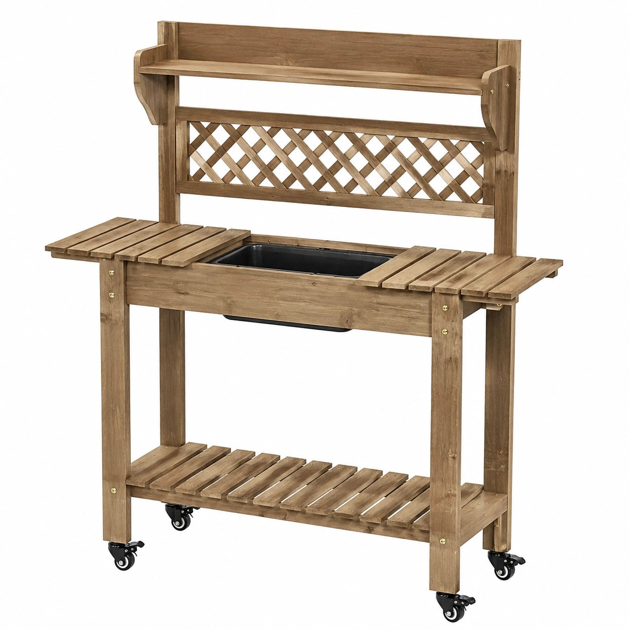 Tavolo da lavoro per giardino 117 x 45 x 139 cm in legno marrone con vaschetta e ruote