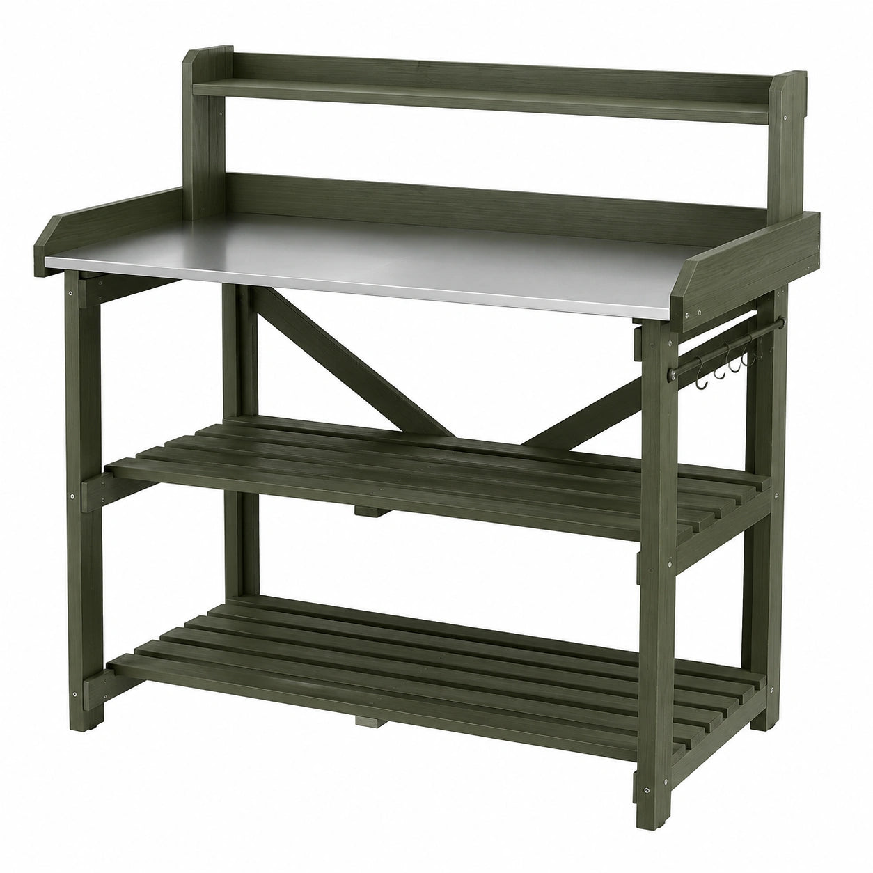 Tavolo da giardinaggio 100 x 55 x 155 cm in legno verde con piano in metallo - ripiani e ganci