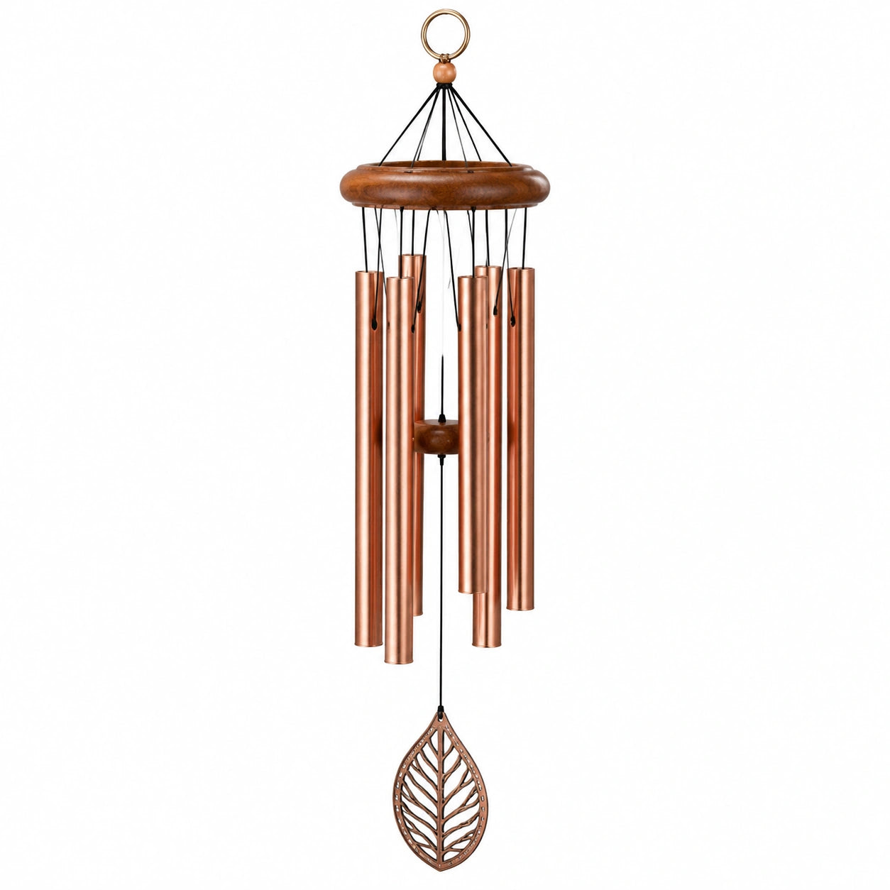 Campana a vento 90 cm in metallo color rame e legno - decorazione sospesa con foglia
