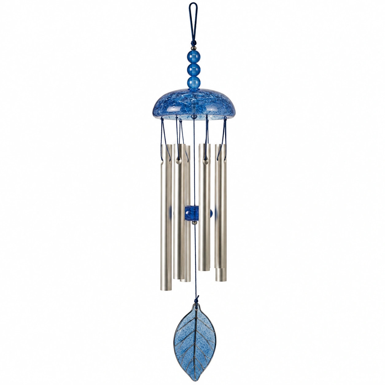 Campanella a vento 85 cm in metallo blu e argento con pendente decorativo da esterno