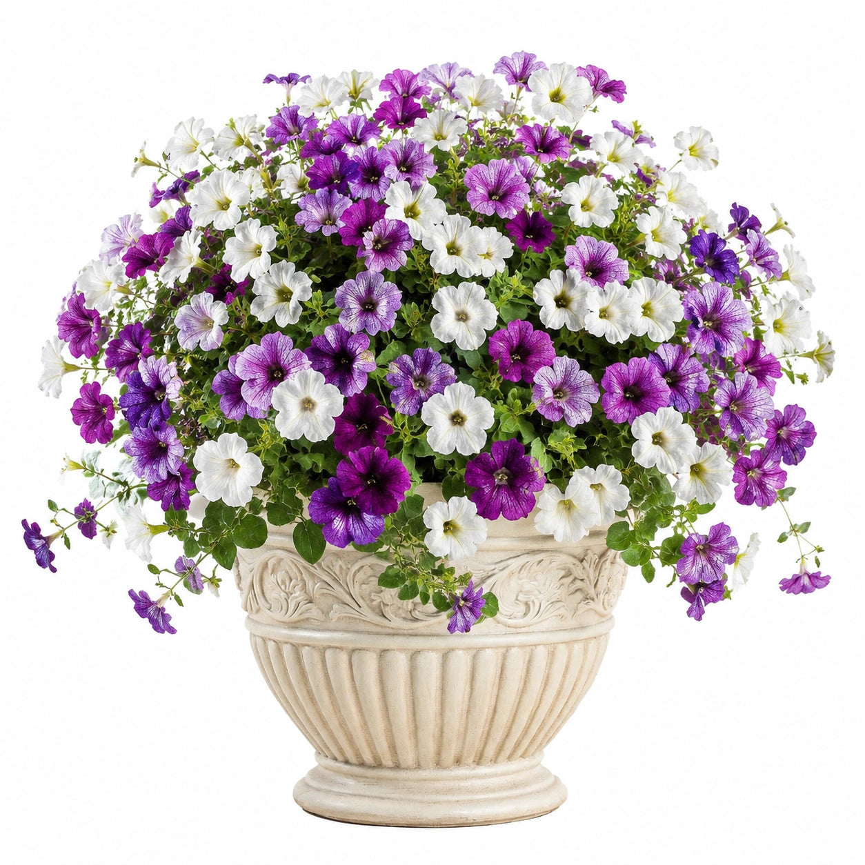 Pianta artificiale in vaso di petunie 55 cm bianco viola verde per decorazione interna ed esterna