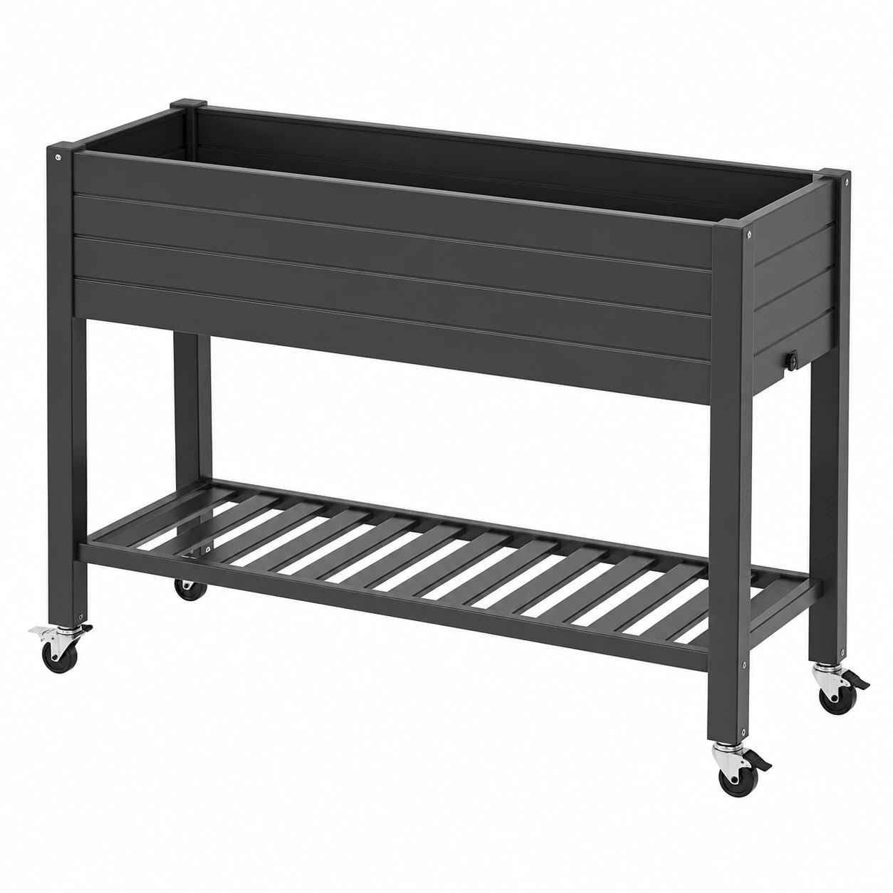 Fioriera rialzata 120 x 60 x 90 cm in metallo nero con ruote e ripiano inferiore