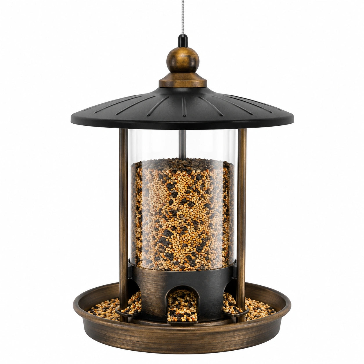 Mangiatoia per uccelli sospesa 28 x 38 cm in metallo e plastica trasparente nero bronzo stile classico